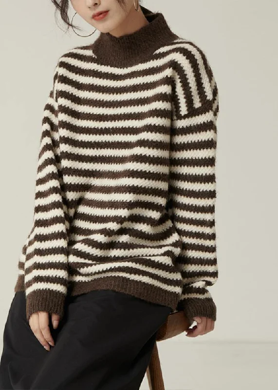 Plus Size Women's Belted Cable Knit SweatersPullover fall brown striped knit tops Loose fitting high neck knitted pullover