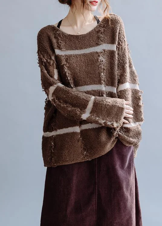 Cropped Women's Angora Blend Sweaters for a Trendy LookPullover fall chocolate striped knit sweat tops o neck Sweater Blouse