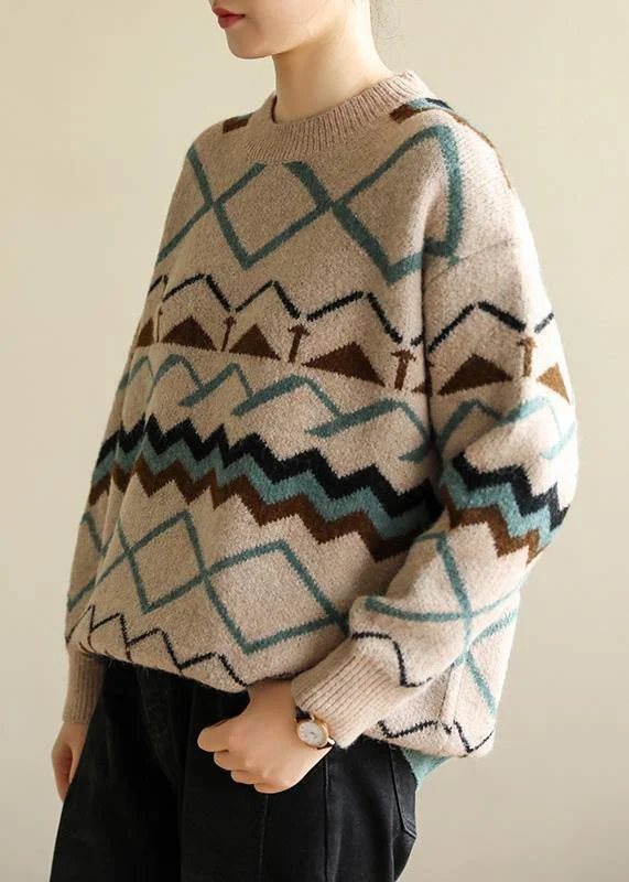 Bell - Sleeve Women's Mohair - Wool Blend SweatersPullover o neck khaki Geometry knitwear casual wild knit top silhouette Bell - Sleeve Women's Mohair - Wool Blend SweatersPullover o neck khaki Geometry knitwear casual wild knit top silhouette