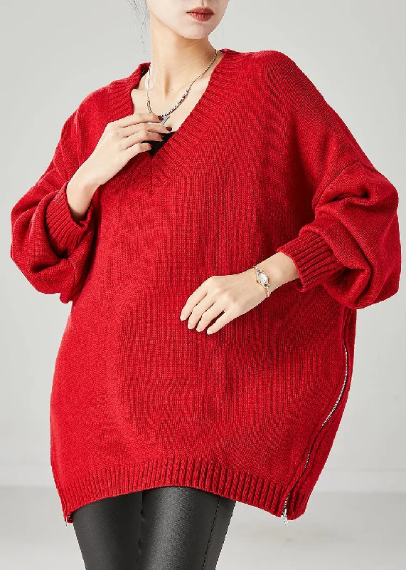 Hooded Women's Fleece - Lined Sweaters for WinterRed Loose Knit Sweater Tops Zip Up Side Open Spring Hooded Women's Fleece - Lined Sweaters for WinterRed Loose Knit Sweater Tops Zip Up Side Open Spring