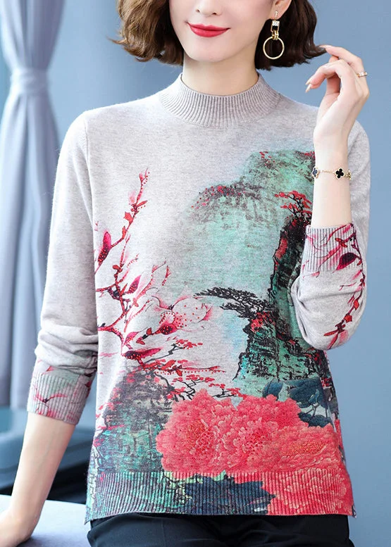 Split - Hem Women's Linen Blend Sweaters for SpringRed Print Soft Woolen Short Sweater Half Hign Neck Spring Split - Hem Women's Linen Blend Sweaters for SpringRed Print Soft Woolen Short Sweater Half Hign Neck Spring
