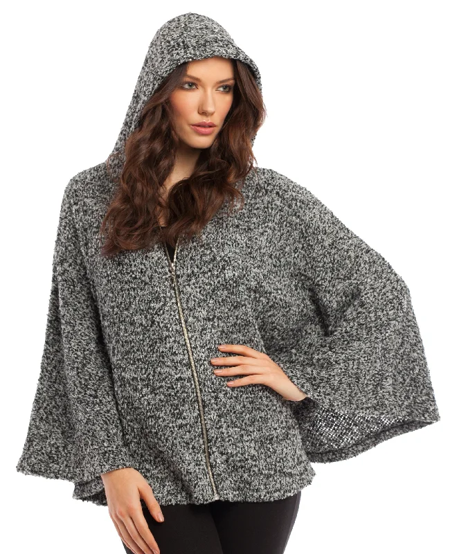 Boat Neck Women's Merino Wool Sweaters in Neutral ShadesSarah Zip Boucle' Poncho