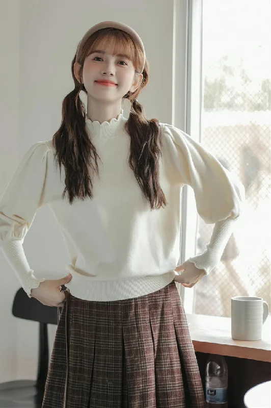 button down women cardigan with vintage buttonsScallop Trim Puff Sleeve Sweater (Cream) button down women cardigan with vintage buttonsScallop Trim Puff Sleeve Sweater (Cream)