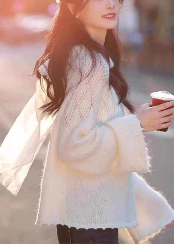 Plus Size Women's Side - Slit Sweaters in Bold SolidsStyle White Hollow Out Lace Up Knit Sweaters Spring Plus Size Women's Side - Slit Sweaters in Bold SolidsStyle White Hollow Out Lace Up Knit Sweaters Spring