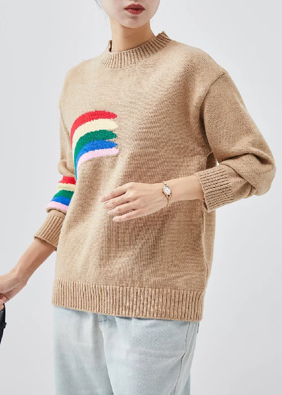 Tie - Front Women's Lambswool Sweaters in Pastel HuesStylish Khaki Rainbow Thick Knit Pullover Winter Tie - Front Women's Lambswool Sweaters in Pastel HuesStylish Khaki Rainbow Thick Knit Pullover Winter