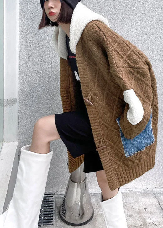 Button - Down Women's Shetland Wool Sweaters in Traditional PatternsUnique Chocolate hooded Patchwork Pockets Fall sweaters Coat Button - Down Women's Shetland Wool Sweaters in Traditional PatternsUnique Chocolate hooded Patchwork Pockets Fall sweaters Coat