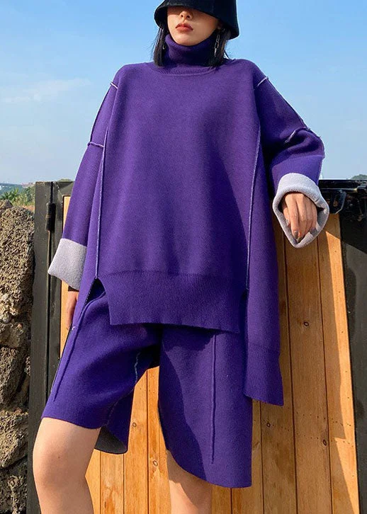 Tie - Front Women's Lambswool Sweaters in Pastel HuesUnique Purple asymmetrical design Patchwork Knit Fall Two Pieces Set Tie - Front Women's Lambswool Sweaters in Pastel HuesUnique Purple asymmetrical design Patchwork Knit Fall Two Pieces Set