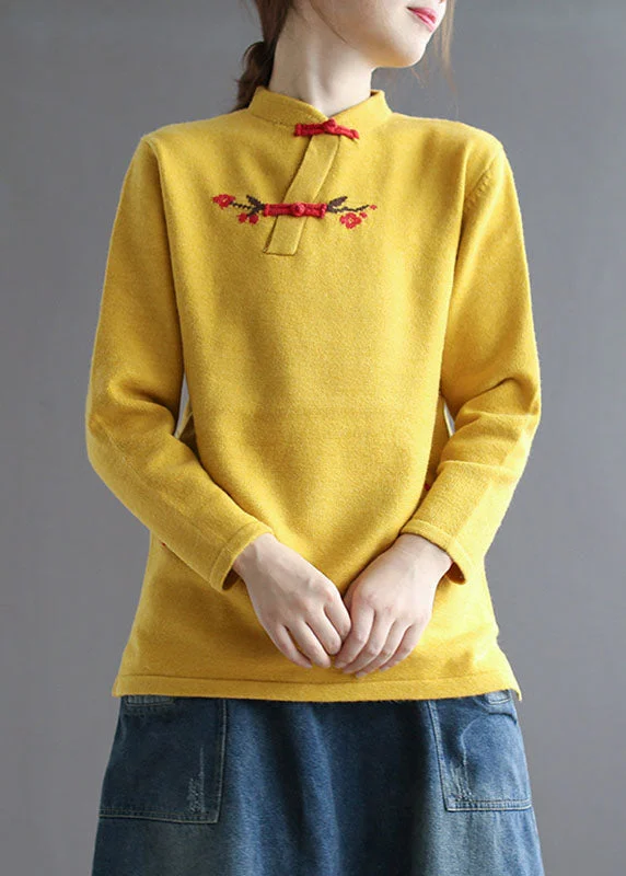 Plus Size Women's Ruffled Hem Sweaters in Floral PrintsVintage Yellow Stand Collar low high design Embroideried Knit Sweater Spring Plus Size Women's Ruffled Hem Sweaters in Floral PrintsVintage Yellow Stand Collar low high design Embroideried Knit Sweater Spring