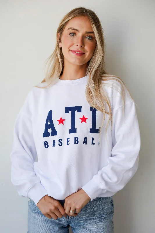Short Sleeve Women's Cotton Blend Sweaters in Pastel ColorsWhite ATL Baseball Star Sweatshirt Short Sleeve Women's Cotton Blend Sweaters in Pastel ColorsWhite ATL Baseball Star Sweatshirt