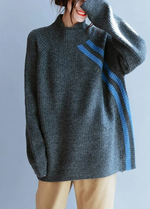 Mock Neck Women's Alpaca Wool Sweaters in Earth TonesWinter gray striped knit blouse high neck Loose fitting fall knitwear Mock Neck Women's Alpaca Wool Sweaters in Earth TonesWinter gray striped knit blouse high neck Loose fitting fall knitwear