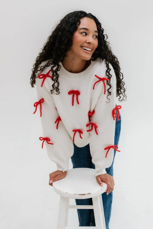 v neck women cardigan to elongate the necklineRed Bow Sweater