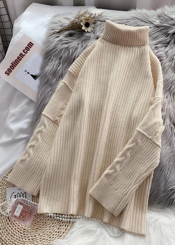 Button - Down Women's Shetland Wool Sweaters in Traditional PatternsWomen beige Sweater Wardrobes Refashion wild tunic high neck sweater Button - Down Women's Shetland Wool Sweaters in Traditional PatternsWomen beige Sweater Wardrobes Refashion wild tunic high neck sweater