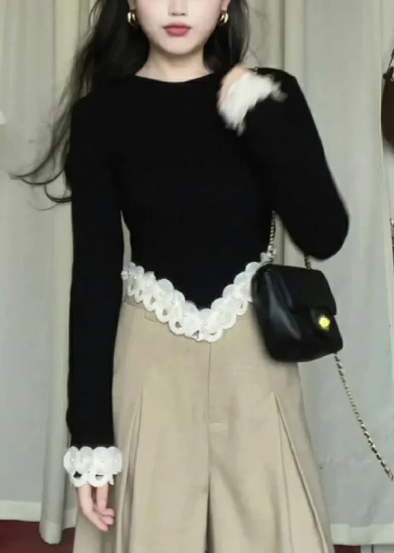 Bell - Sleeve Women's Mohair - Wool Blend SweatersWomen Black Asymmetrical Lace Patchwork Knit Sweaters Long Sleeve Bell - Sleeve Women's Mohair - Wool Blend SweatersWomen Black Asymmetrical Lace Patchwork Knit Sweaters Long Sleeve