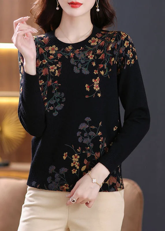 Bell - Sleeve Women's Mohair - Wool Blend SweatersWomen Black O Neck Zircon Print Wool Knit Top Spring Bell - Sleeve Women's Mohair - Wool Blend SweatersWomen Black O Neck Zircon Print Wool Knit Top Spring