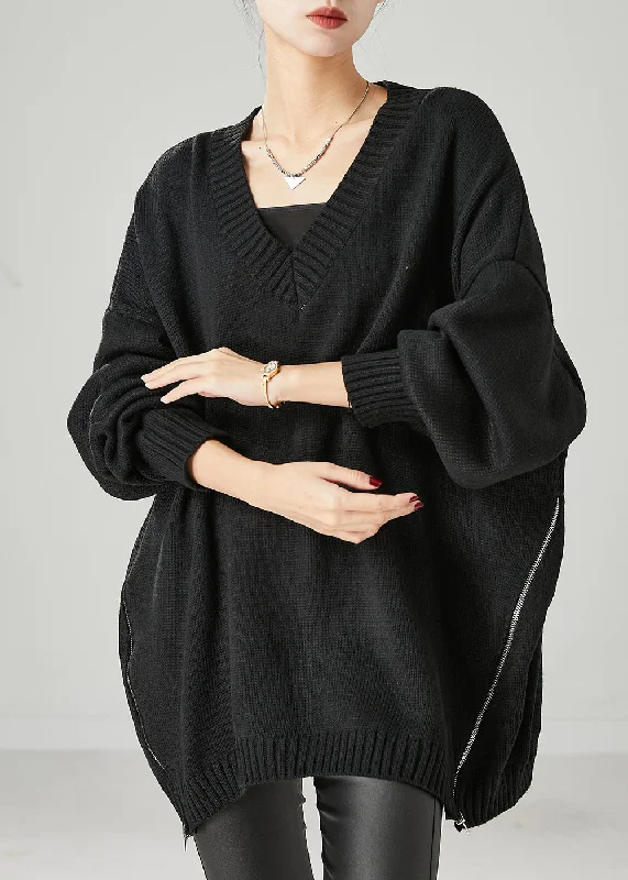 Plus Size Women's Embroidered Sweaters in Ethnic StylesWomen Black Oversized Side Open Knit Sweaters Spring Plus Size Women's Embroidered Sweaters in Ethnic StylesWomen Black Oversized Side Open Knit Sweaters Spring