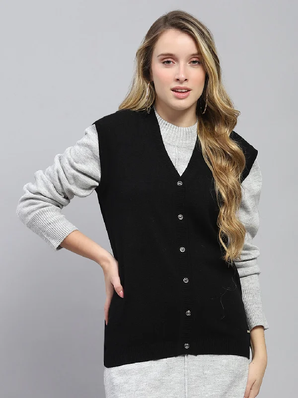 oversized women cardigan for a trendy and cozy lookWomen Black Solid V Neck Sleeveless Cardigan oversized women cardigan for a trendy and cozy lookWomen Black Solid V Neck Sleeveless Cardigan