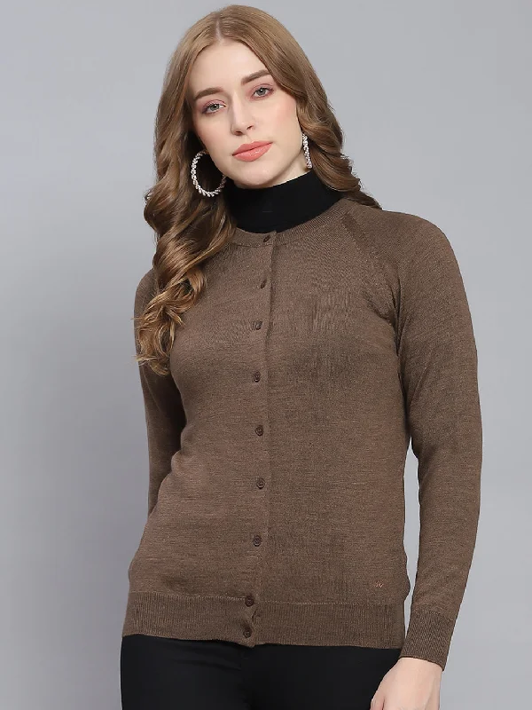 machine washable women cardigan for easy careWomen Brown Solid Round Neck Full Sleeve Cardigan machine washable women cardigan for easy careWomen Brown Solid Round Neck Full Sleeve Cardigan