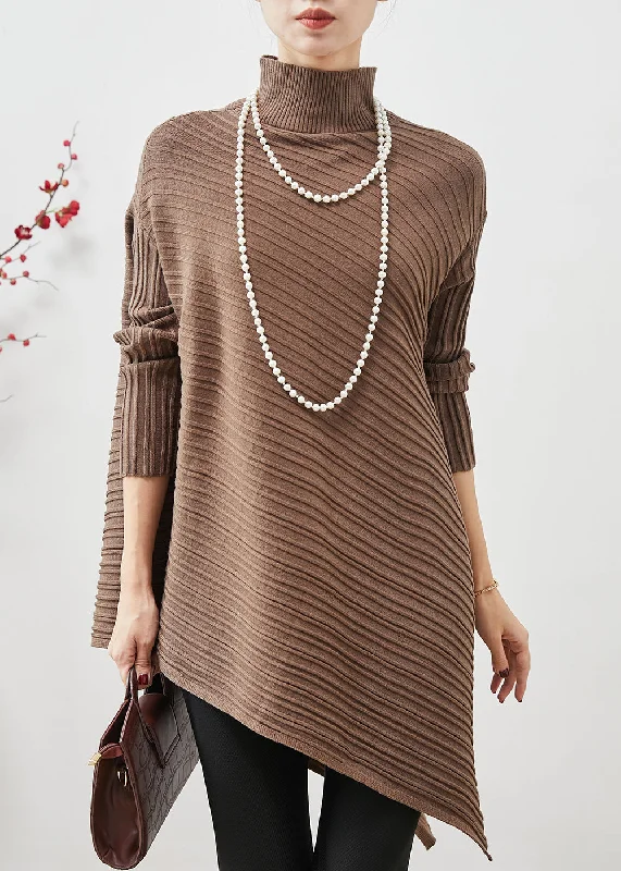 Plus Size Women's Side - Slit Sweaters in Bold SolidsWomen Coffee Turtle Neck Asymmetrical Design Knit Tops Spring Plus Size Women's Side - Slit Sweaters in Bold SolidsWomen Coffee Turtle Neck Asymmetrical Design Knit Tops Spring