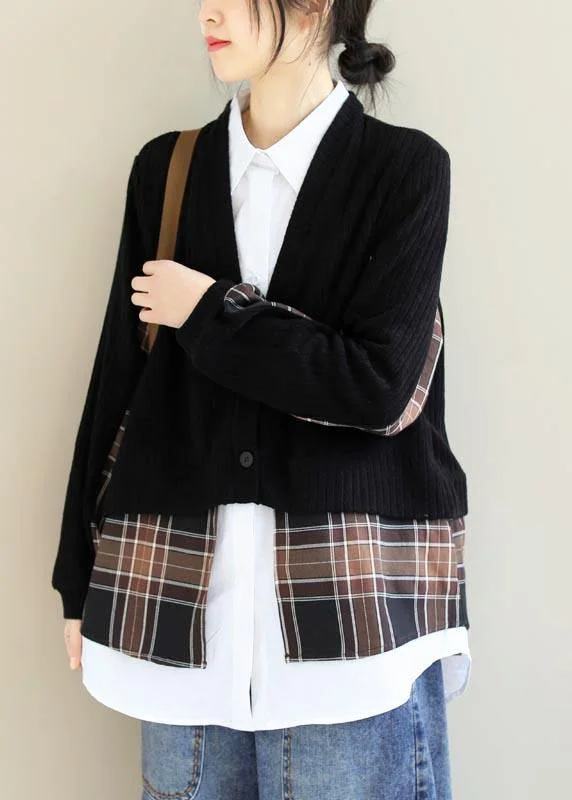 Open - Front Women's Cardigan - Style Mohair SweatersWomen Lapel False Two Pieces Clothes Work Outfits Black Patchwork Top