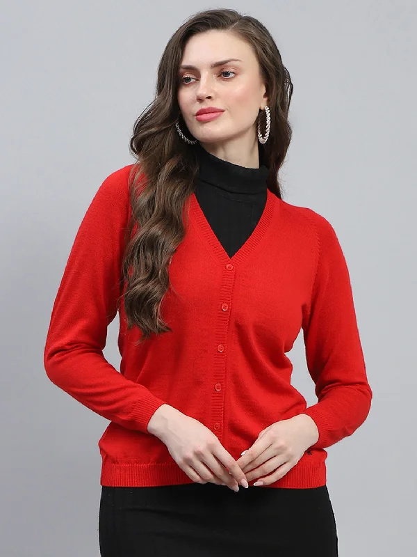 hand knitted women cardigan with artisanal charmWomen Red Solid V Neck Full Sleeve Cardigan hand knitted women cardigan with artisanal charmWomen Red Solid V Neck Full Sleeve Cardigan
