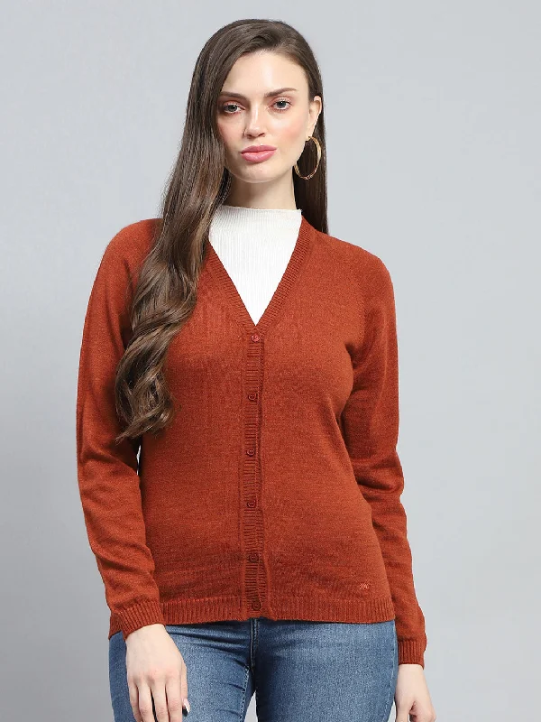 button down women cardigan with vintage buttonsWomen Rust Solid V Neck Full Sleeve Cardigan button down women cardigan with vintage buttonsWomen Rust Solid V Neck Full Sleeve Cardigan