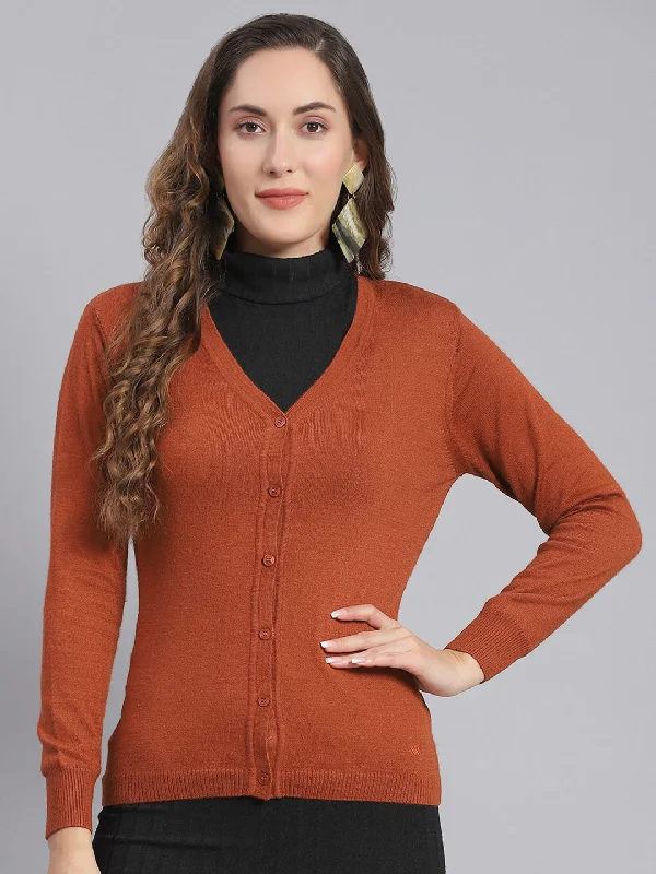 long length women cardigan with side slitsWomen Rust Solid V Neck Full Sleeve Cardigan long length women cardigan with side slitsWomen Rust Solid V Neck Full Sleeve Cardigan