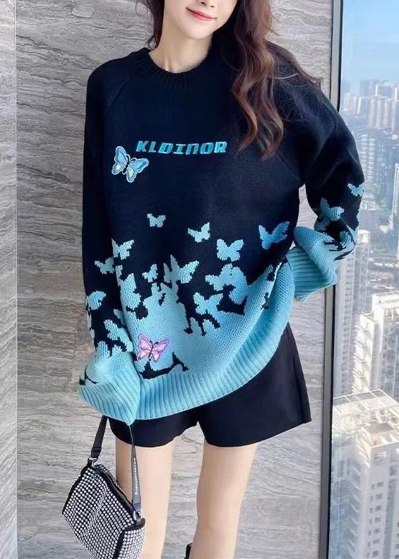 Plus Size Women's Embroidered Sweaters in Ethnic StylesWomen Sky Blue Embroidered Patchwork Cotton Knit Sweaters Long Sleeve Plus Size Women's Embroidered Sweaters in Ethnic StylesWomen Sky Blue Embroidered Patchwork Cotton Knit Sweaters Long Sleeve