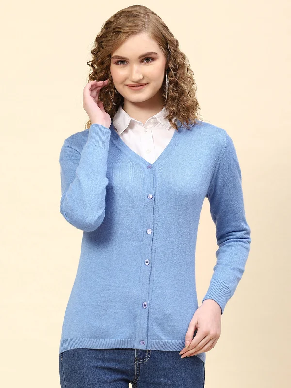 v neck women cardigan to elongate the necklineWomen Sky Blue Solid V Neck Full Sleeve Cardigan v neck women cardigan to elongate the necklineWomen Sky Blue Solid V Neck Full Sleeve Cardigan