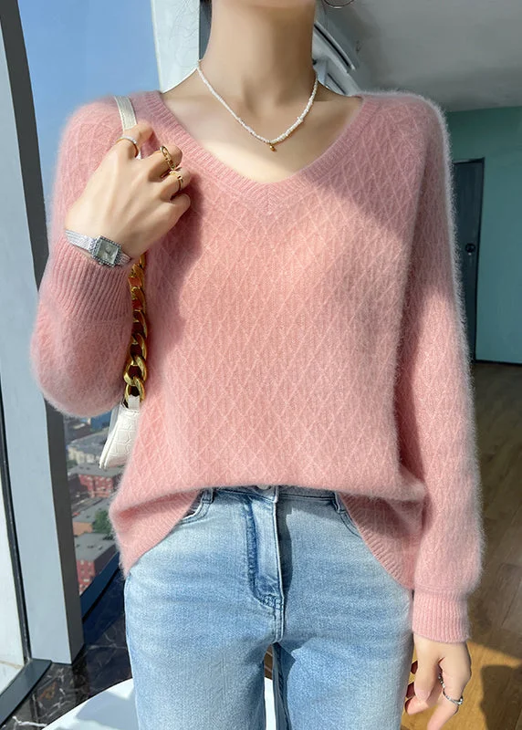 Bell - Sleeve Women's Mohair - Wool Blend SweatersWomen Versatile Pink V Neck Knit Sweaters Top Winter