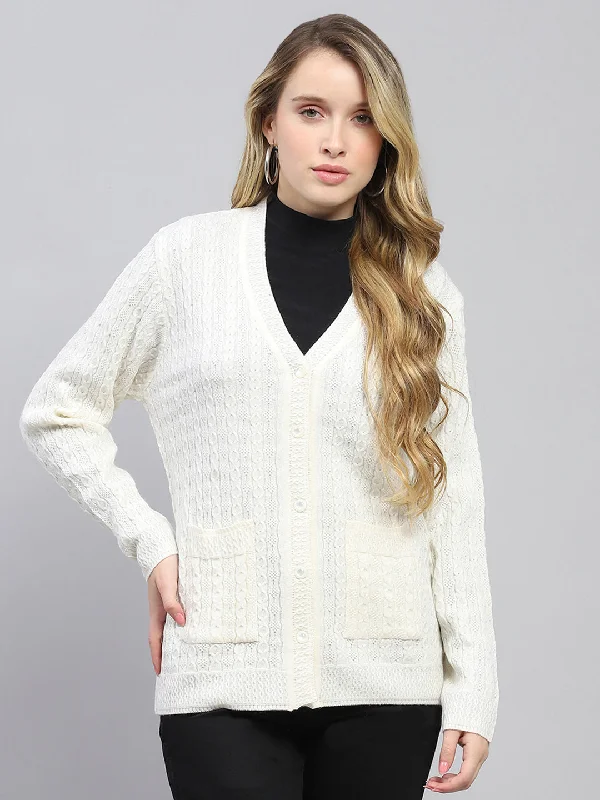 v neck women cardigan to elongate the necklineWomen White Self Design V Neck Full Sleeve Cardigan v neck women cardigan to elongate the necklineWomen White Self Design V Neck Full Sleeve Cardigan