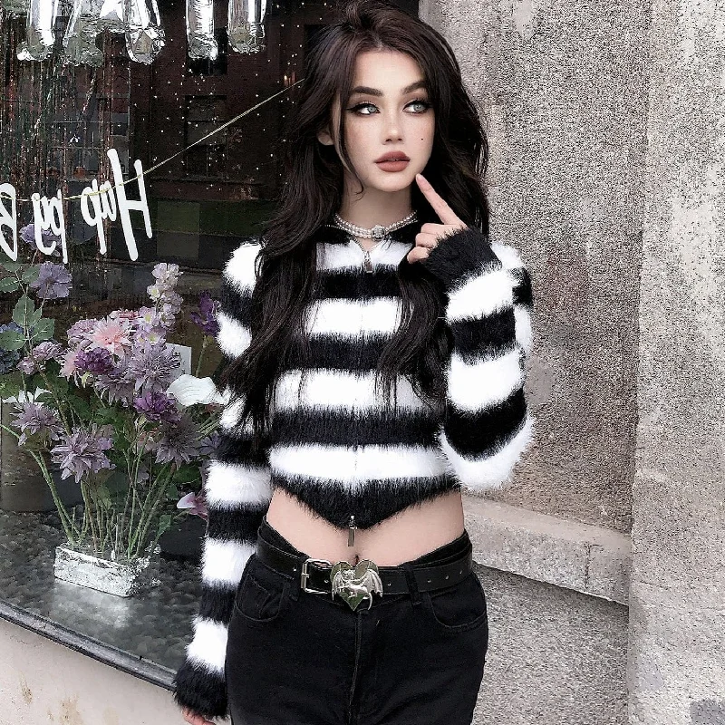 ribbed women cardigan with a classic textureWomen's Grunge Fluffy Striped Zipper Cardigan ribbed women cardigan with a classic textureWomen's Grunge Fluffy Striped Zipper Cardigan