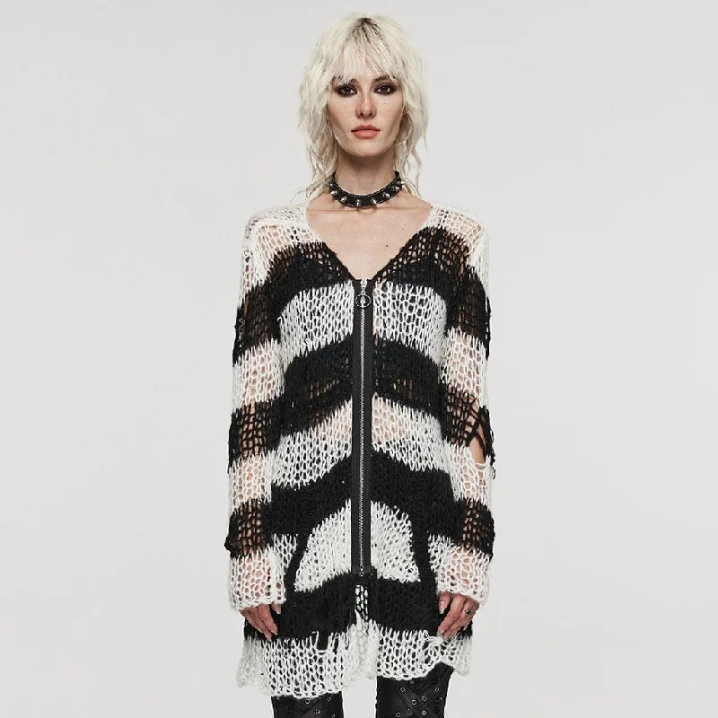 hooded women cardigan for added warmth and styleWomen's Punk Striped Ripped Knitted Cardigan hooded women cardigan for added warmth and styleWomen's Punk Striped Ripped Knitted Cardigan