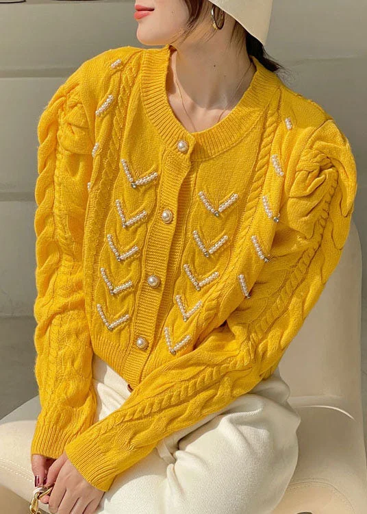 Hooded Women's Fleece - Lined Sweaters for WinterYellow Puff Sleeve Nail bead Knit Loose sweaters Spring Coat Hooded Women's Fleece - Lined Sweaters for WinterYellow Puff Sleeve Nail bead Knit Loose sweaters Spring Coat