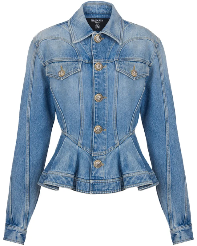 Embellished women jeans with studs or rhinestones for a glamorous touchRuffled Denim Jacket in Bleu Embellished women jeans with studs or rhinestones for a glamorous touchRuffled Denim Jacket in Bleu