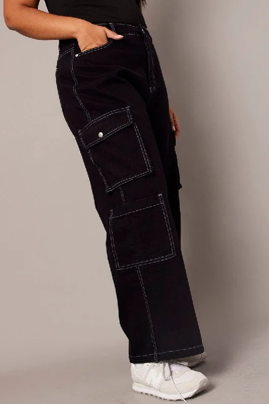 Ripped women jeans for a rebellious and fashion - forward styleBlack Cargo Jeans Mid Rise Ripped women jeans for a rebellious and fashion - forward styleBlack Cargo Jeans Mid Rise