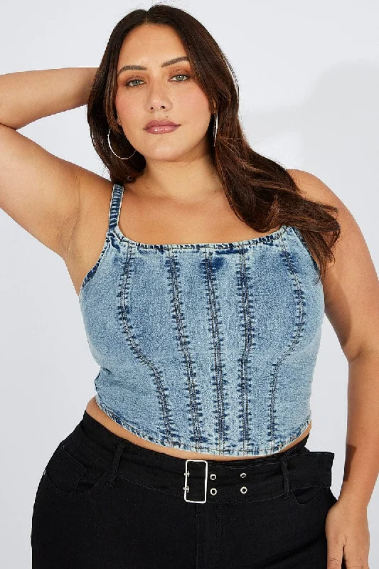 Light - wash women jeans for a fresh and summery appearanceDenim Crop Top Sleeveless Corset Denim Light - wash women jeans for a fresh and summery appearanceDenim Crop Top Sleeveless Corset Denim