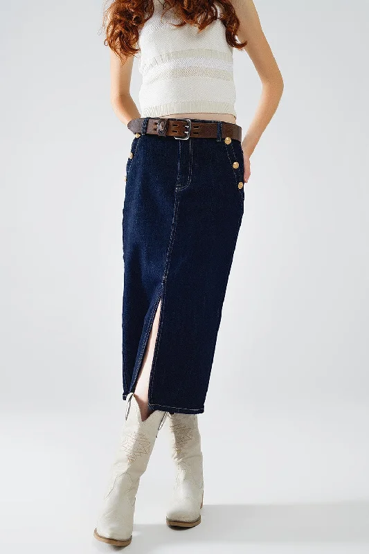 Wide - leg women jeans for a modern and relaxed vibeDENIM SKIRT WITH FRONT SLIT AND GOLD BUTTONS Wide - leg women jeans for a modern and relaxed vibeDENIM SKIRT WITH FRONT SLIT AND GOLD BUTTONS