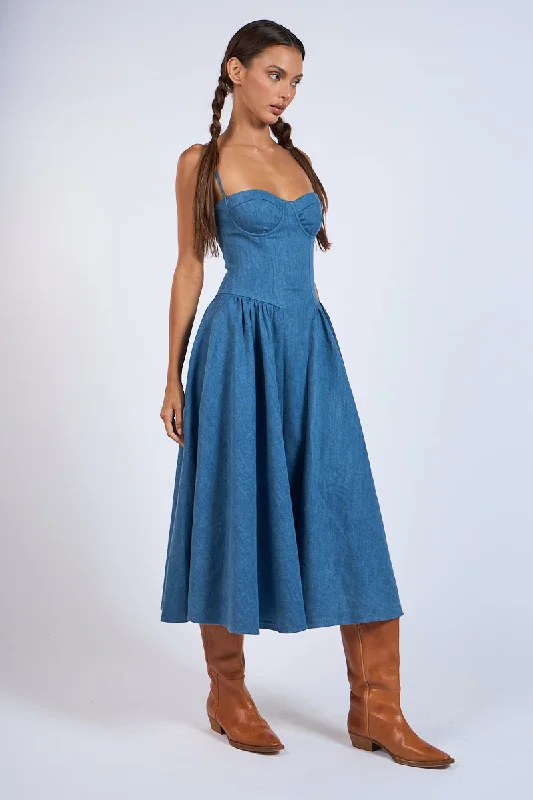 Wide - leg women jeans for a modern and relaxed vibeDENIM UNDERWIRE SLEEVELESS FIT AND FLARE MIDI DRESS Wide - leg women jeans for a modern and relaxed vibeDENIM UNDERWIRE SLEEVELESS FIT AND FLARE MIDI DRESS