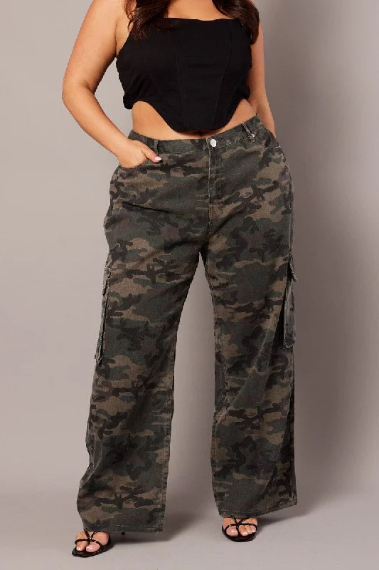 Dark - wash women jeans for a sophisticated and slimming effectGreen Abstract Cargo Jeans High Rise Dark - wash women jeans for a sophisticated and slimming effectGreen Abstract Cargo Jeans High Rise