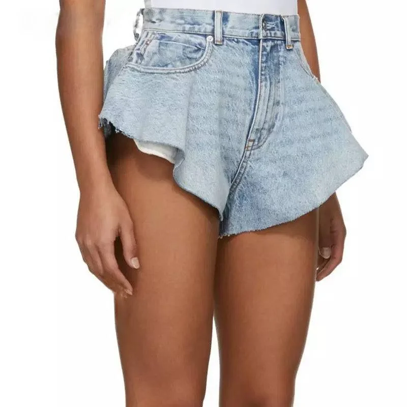 Embroidered women jeans with intricate patternsBlue Raw Edge Flared Denim Shorts