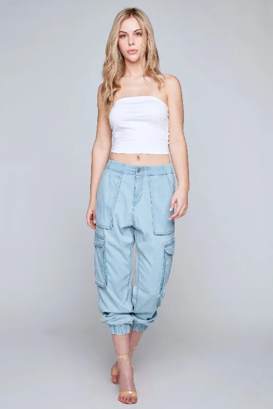 Bootcut women jeans to complement various shoe stylesMARISA - High Rise Lightweight Drop Crotch Cargo Jogger - Light Blue Bleach Lyocell Denim Bootcut women jeans to complement various shoe stylesMARISA - High Rise Lightweight Drop Crotch Cargo Jogger - Light Blue Bleach Lyocell Denim