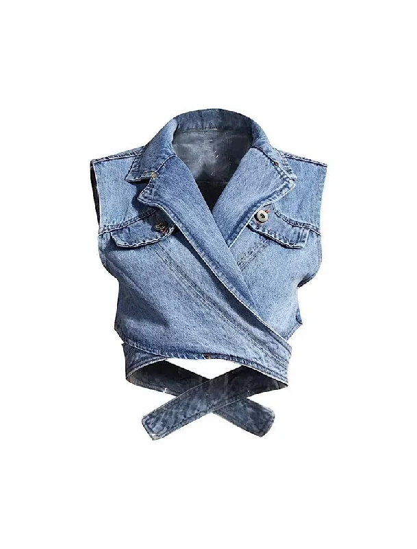 Ripped women jeans for a rebellious and fashion - forward styleSleeveless Wrap Short Denim Vest Top Ripped women jeans for a rebellious and fashion - forward styleSleeveless Wrap Short Denim Vest Top