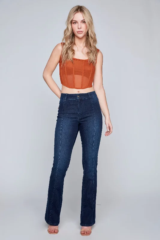 Stretch women jeans for enhanced mobility and comfortSTEVIE - Mid Rise Pintuck Flare Jean - Vintage Dark Indigo Rinse Flex Denim Stretch women jeans for enhanced mobility and comfortSTEVIE - Mid Rise Pintuck Flare Jean - Vintage Dark Indigo Rinse Flex Denim