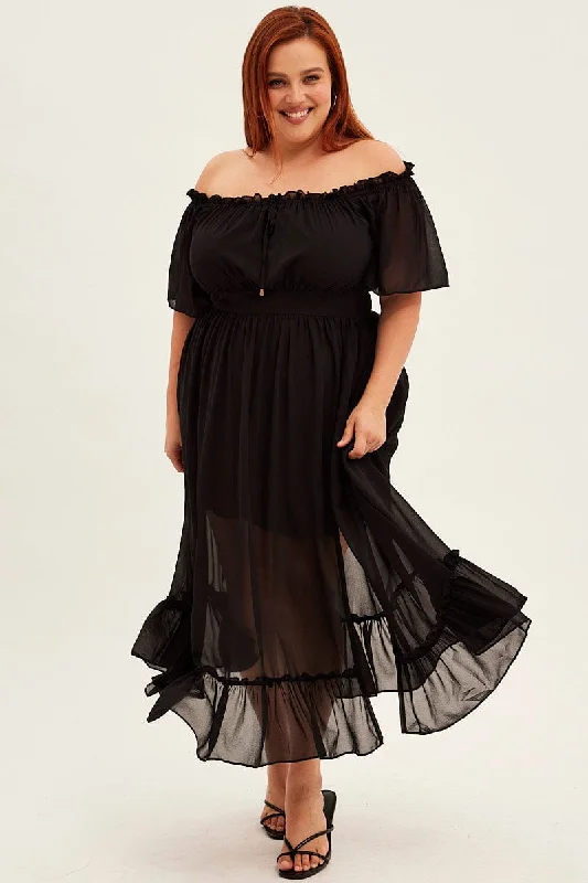 Black Maxi Dress Off Shoulder Chiffon