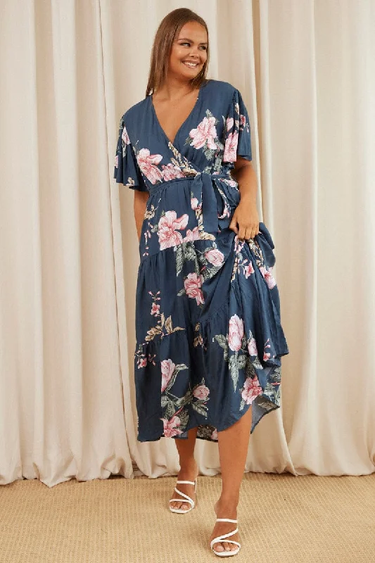 Blue Floral Maxi Dress Short Sleeve Wrap Front Tiered