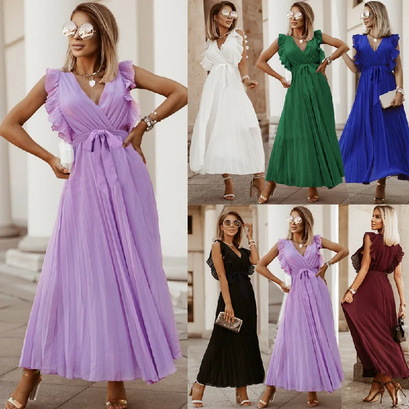 Halter Neck Women Dress to Show Off the Shoulders and NecklineElegant Beach Dress Fashionable Slim-fit Sexy Solid Color Ruffle Sleeve Chiffon Pleated Skirt Halter Neck Women Dress to Show Off the Shoulders and NecklineElegant Beach Dress Fashionable Slim-fit Sexy Solid Color Ruffle Sleeve Chiffon Pleated Skirt