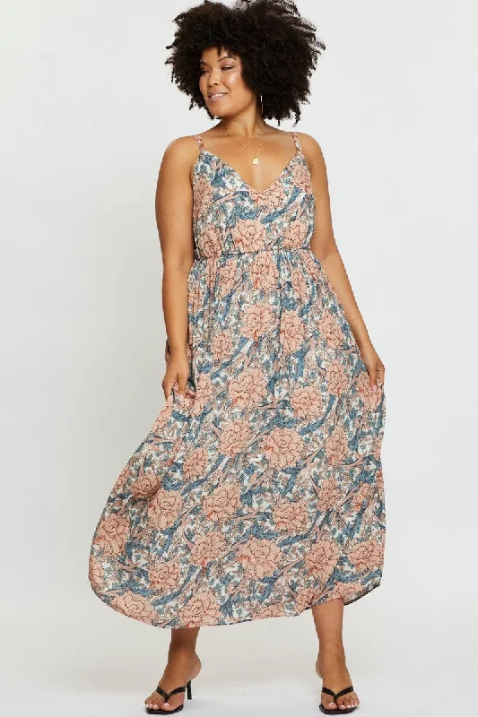 Floral Print Maxi Dress V-neck Sleeveless