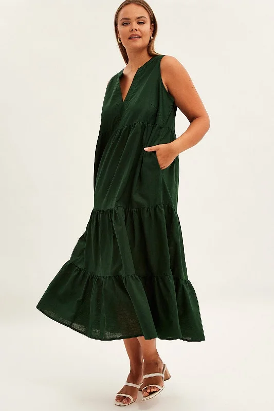 Green Maxi Dress Sleeveless Tiered Linen Blend