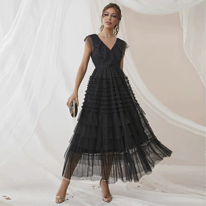 Party V Neck Mesh Formal Maxi Dress