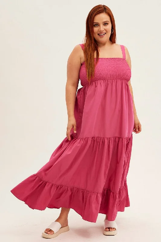 Pink Maxi Dress Sleeveless Shirred Tiered